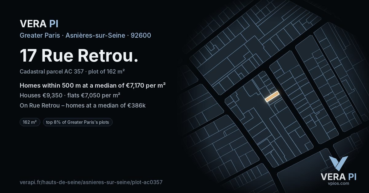 17 Rue Retrou, Asnières-sur-Seine at night – the plot lit, the parcels around coloured by the prices near them