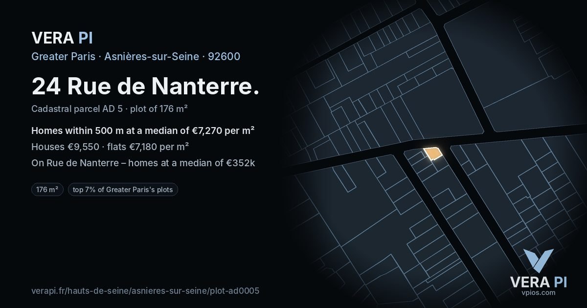 24 Rue de Nanterre, Asnières-sur-Seine at night – the plot lit, the parcels around coloured by the prices near them
