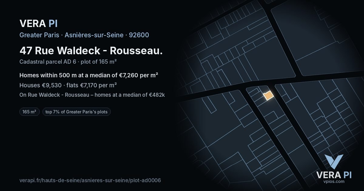47 Rue Waldeck - Rousseau, Asnières-sur-Seine at night – the plot lit, the parcels around coloured by the prices near them