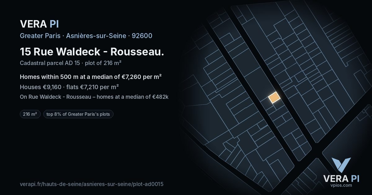 15 Rue Waldeck - Rousseau, Asnières-sur-Seine at night – the plot lit, the parcels around coloured by the prices near them