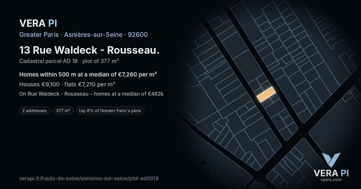 13 Rue Waldeck - Rousseau, Asnières-sur-Seine at night – the plot lit, the parcels around coloured by the prices near them