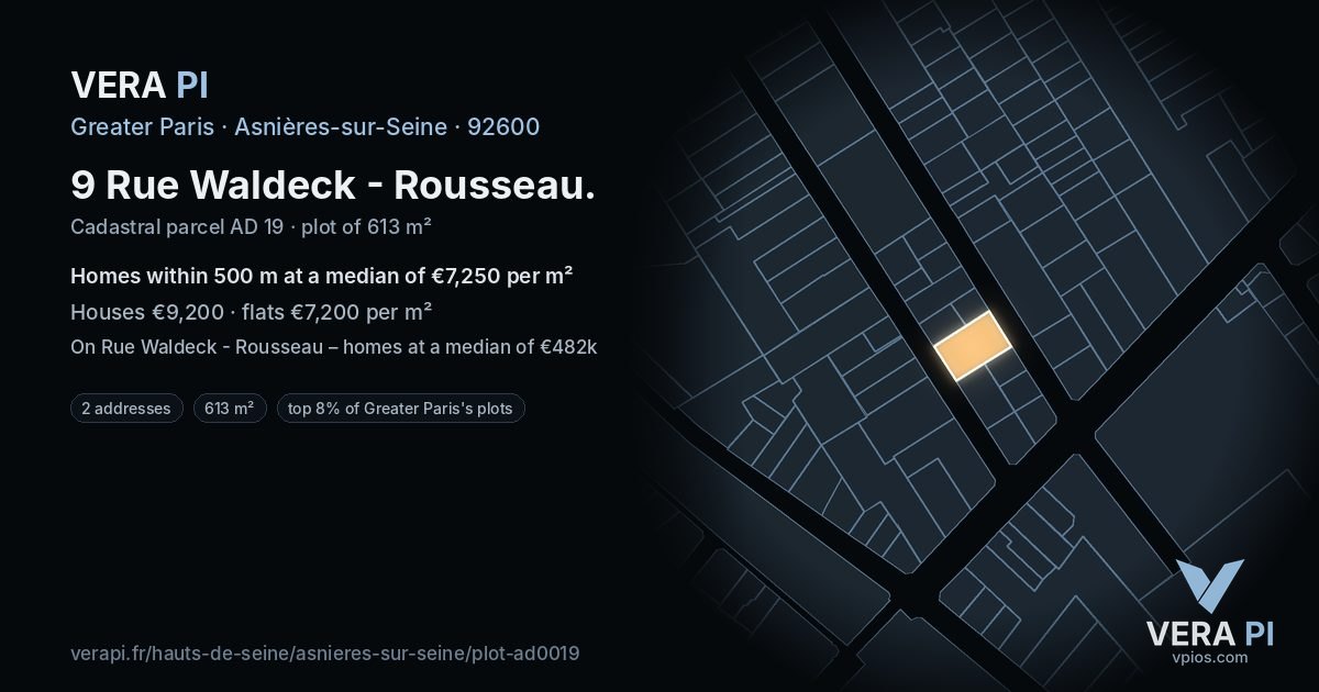 9 Rue Waldeck - Rousseau, Asnières-sur-Seine at night – the plot lit, the parcels around coloured by the prices near them