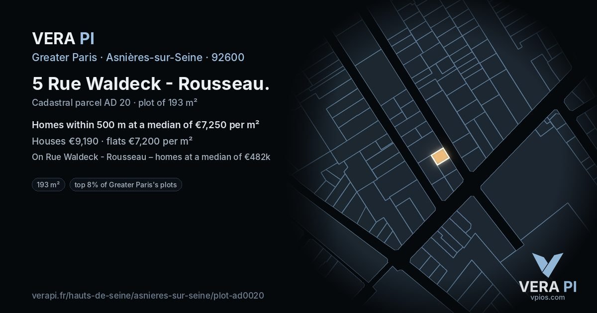 5 Rue Waldeck - Rousseau, Asnières-sur-Seine at night – the plot lit, the parcels around coloured by the prices near them