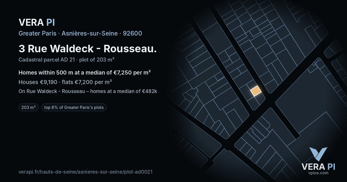 3 Rue Waldeck - Rousseau, Asnières-sur-Seine at night – the plot lit, the parcels around coloured by the prices near them