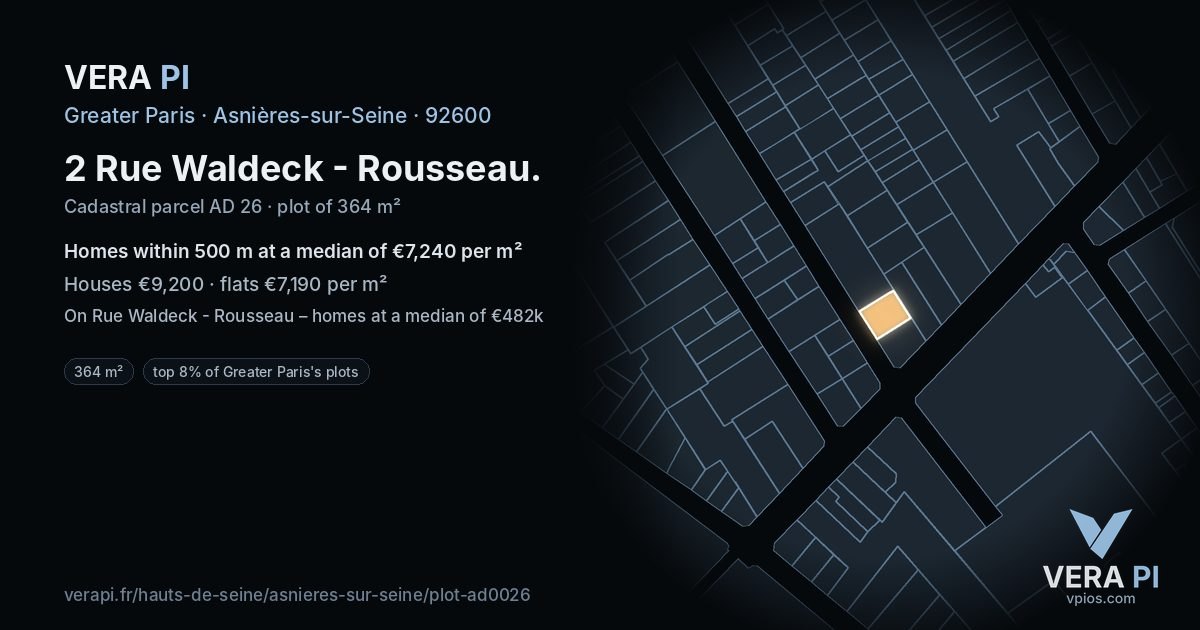 2 Rue Waldeck - Rousseau, Asnières-sur-Seine at night – the plot lit, the parcels around coloured by the prices near them