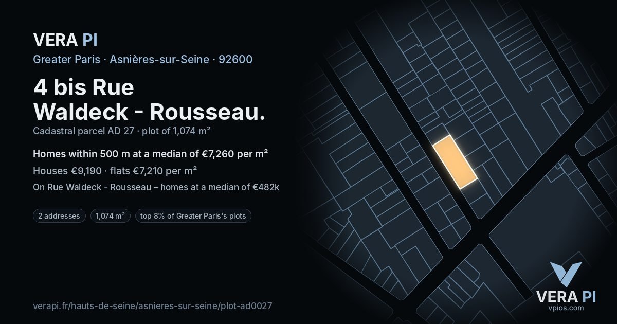 4 bis Rue Waldeck - Rousseau, Asnières-sur-Seine at night – the plot lit, the parcels around coloured by the prices near them