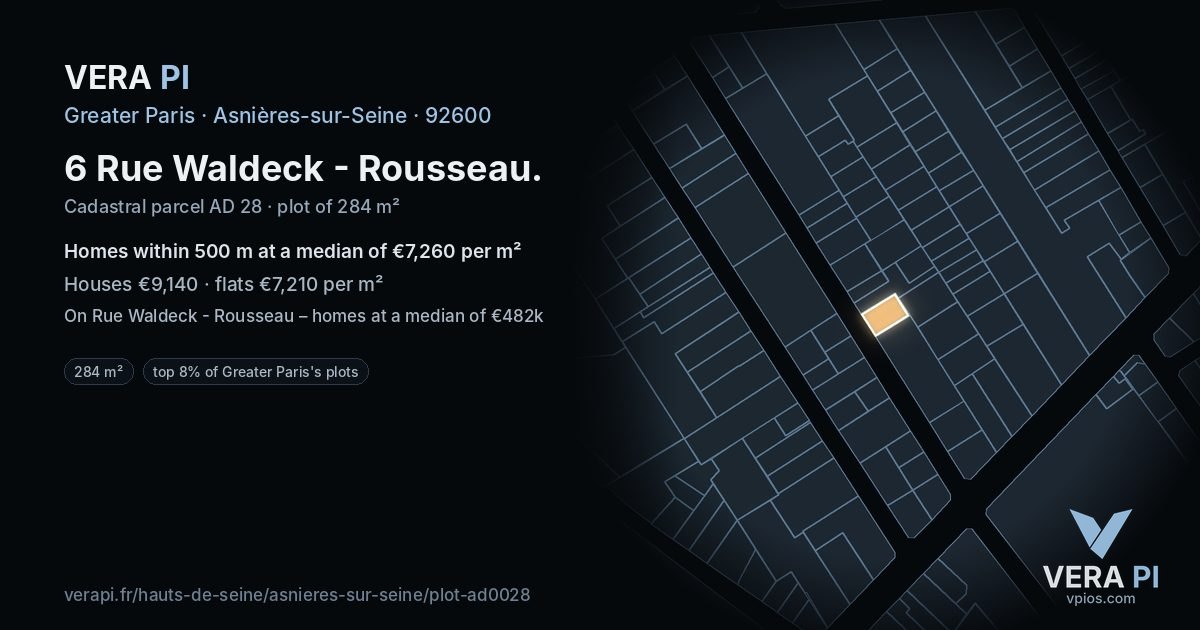 6 Rue Waldeck - Rousseau, Asnières-sur-Seine at night – the plot lit, the parcels around coloured by the prices near them