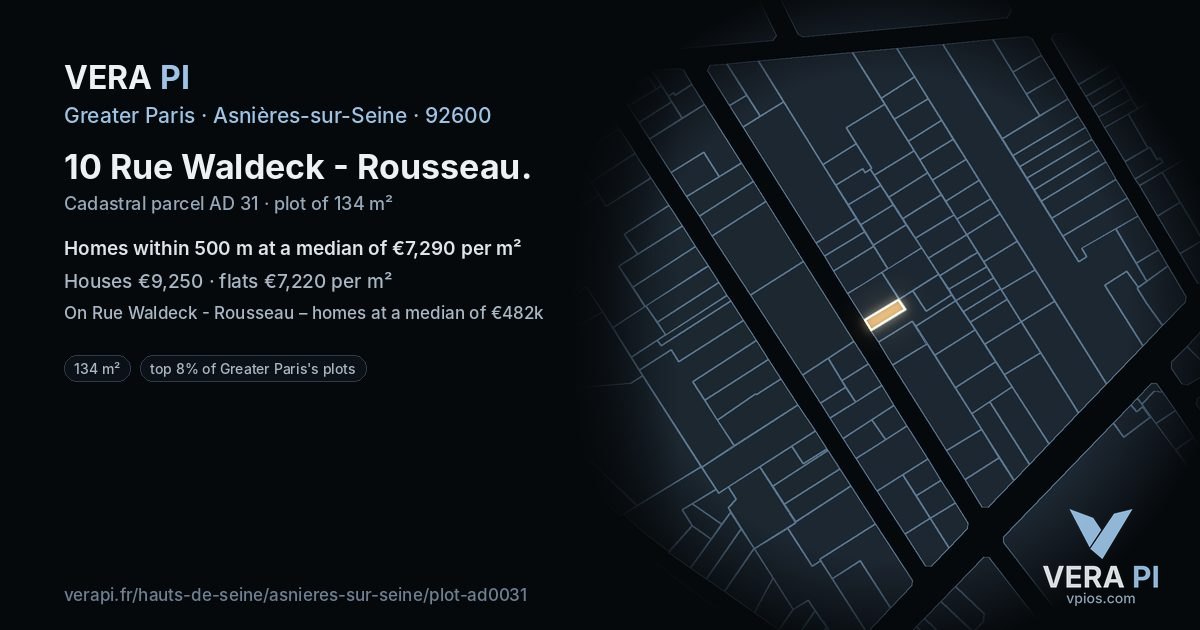 10 Rue Waldeck - Rousseau, Asnières-sur-Seine at night – the plot lit, the parcels around coloured by the prices near them