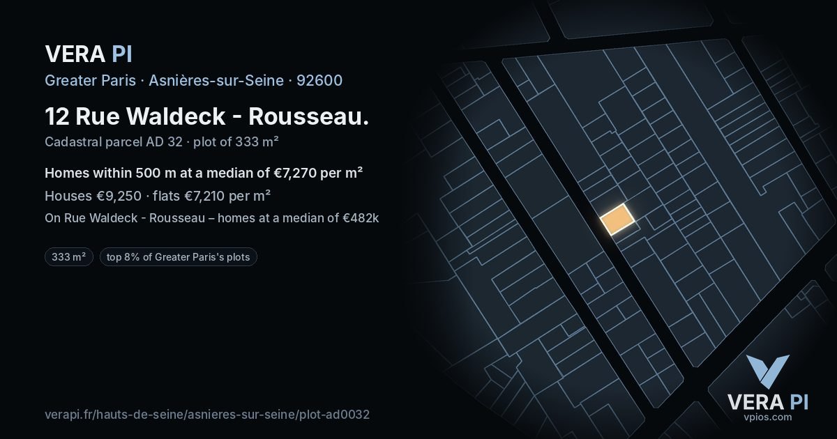 12 Rue Waldeck - Rousseau, Asnières-sur-Seine at night – the plot lit, the parcels around coloured by the prices near them