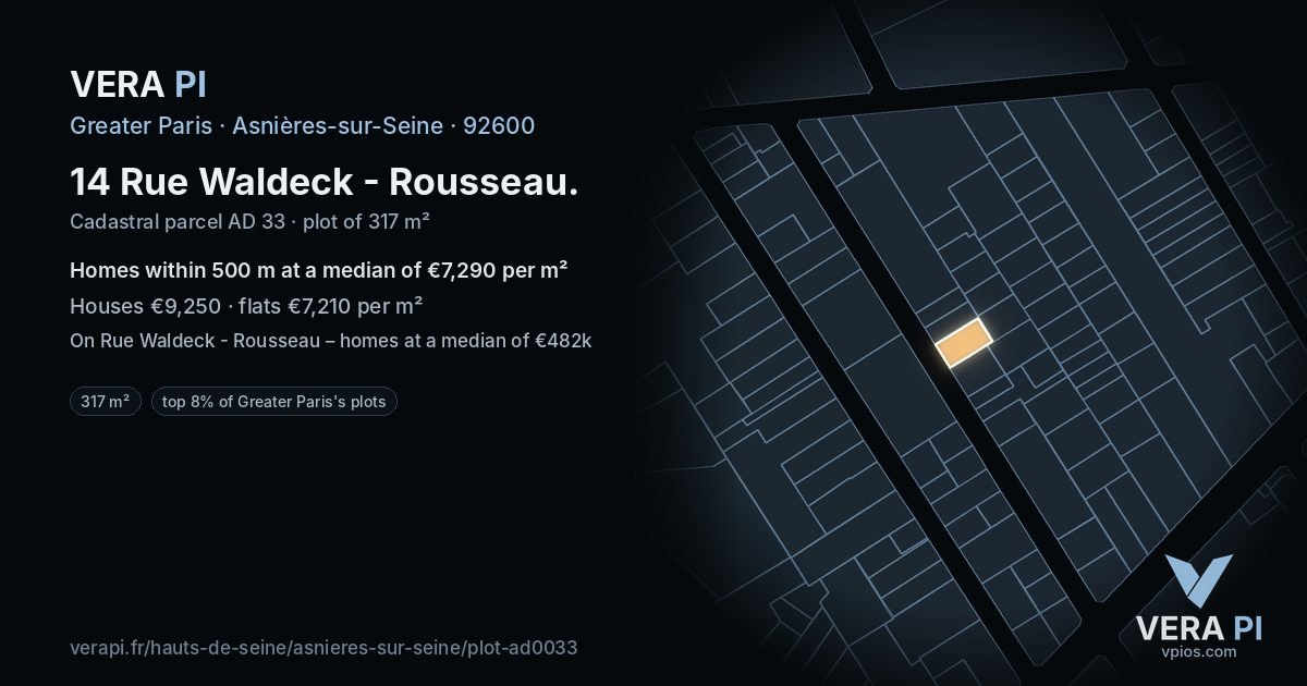 14 Rue Waldeck - Rousseau, Asnières-sur-Seine at night – the plot lit, the parcels around coloured by the prices near them