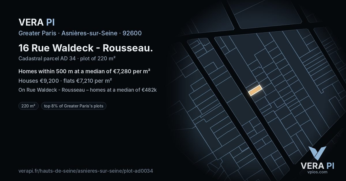 16 Rue Waldeck - Rousseau, Asnières-sur-Seine at night – the plot lit, the parcels around coloured by the prices near them