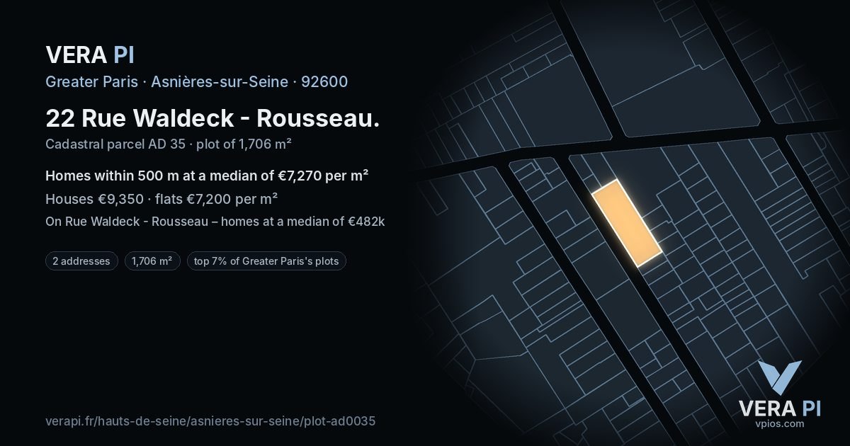 22 Rue Waldeck - Rousseau, Asnières-sur-Seine at night – the plot lit, the parcels around coloured by the prices near them