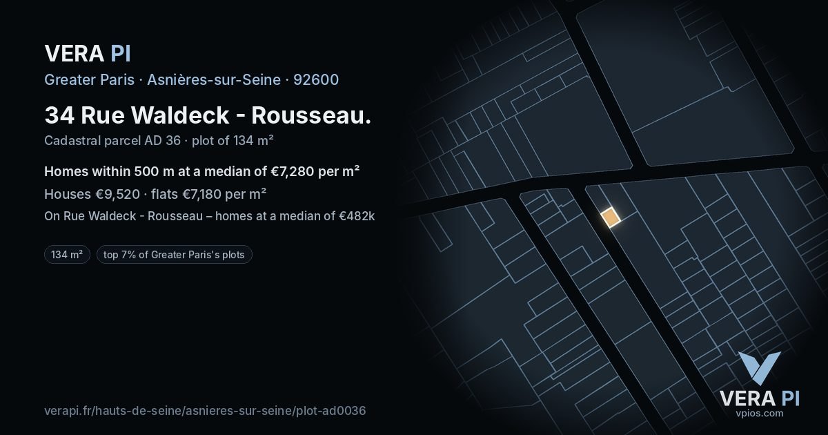 34 Rue Waldeck - Rousseau, Asnières-sur-Seine at night – the plot lit, the parcels around coloured by the prices near them