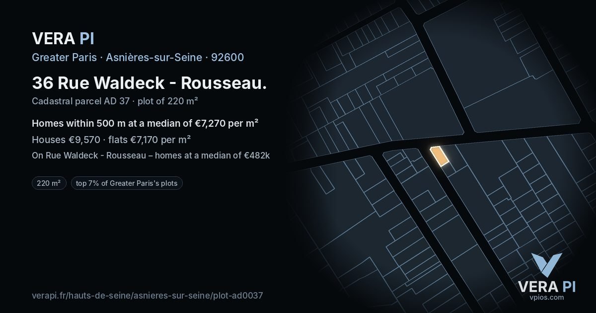 36 Rue Waldeck - Rousseau, Asnières-sur-Seine at night – the plot lit, the parcels around coloured by the prices near them