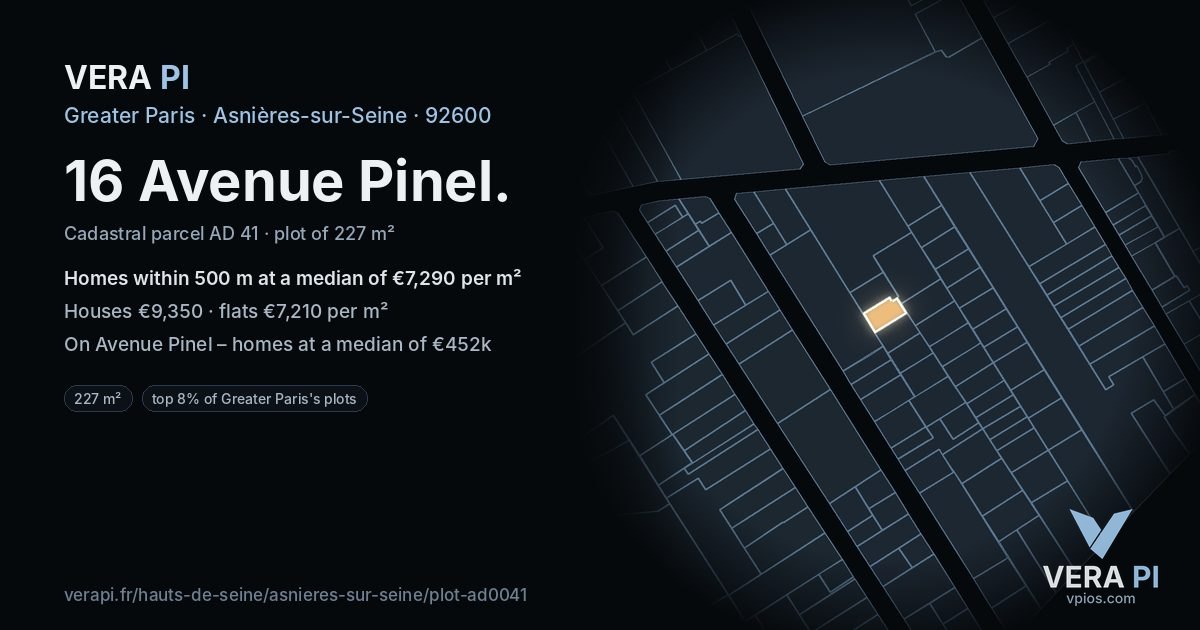 16 Avenue Pinel, Asnières-sur-Seine at night – the plot lit, the parcels around coloured by the prices near them