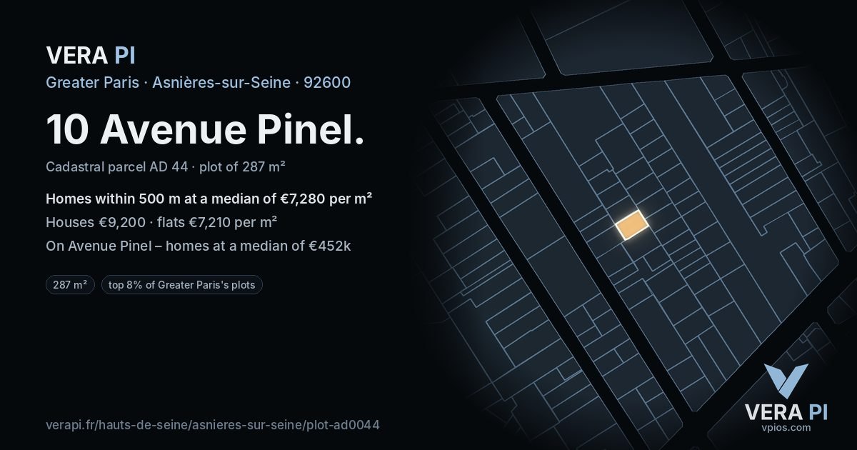10 Avenue Pinel, Asnières-sur-Seine at night – the plot lit, the parcels around coloured by the prices near them