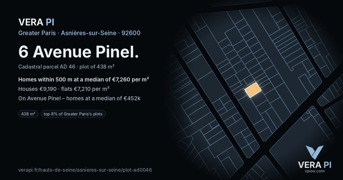 6 Avenue Pinel, Asnières-sur-Seine at night – the plot lit, the parcels around coloured by the prices near them