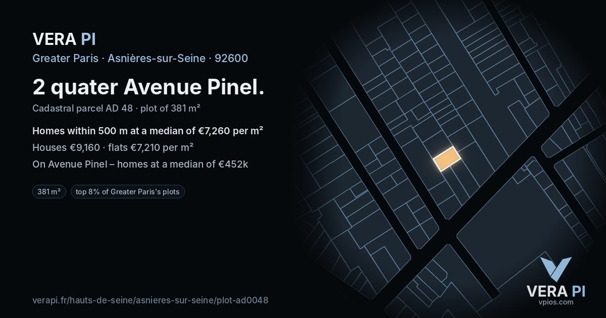 2 quater Avenue Pinel, Asnières-sur-Seine at night – the plot lit, the parcels around coloured by the prices near them