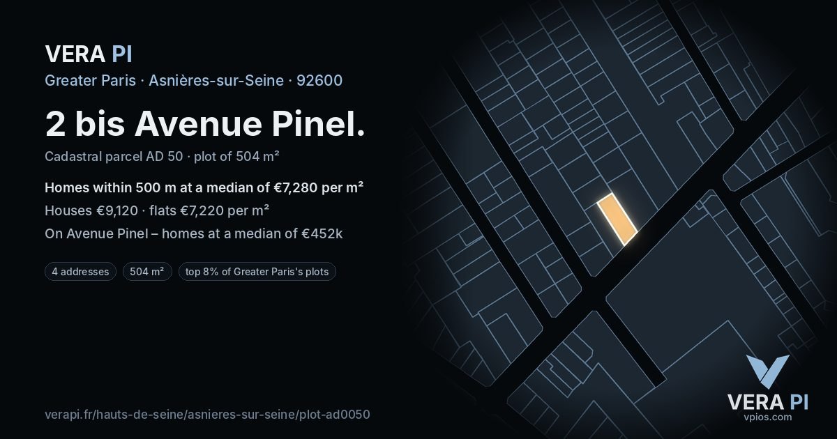2 bis Avenue Pinel, Asnières-sur-Seine at night – the plot lit, the parcels around coloured by the prices near them