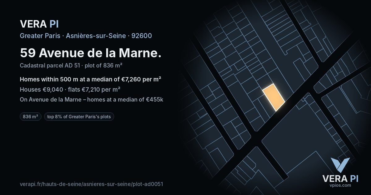 59 Avenue de la Marne, Asnières-sur-Seine at night – the plot lit, the parcels around coloured by the prices near them