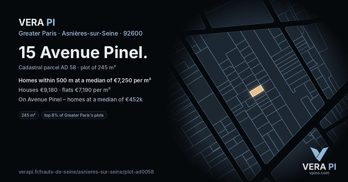 15 Avenue Pinel, Asnières-sur-Seine at night – the plot lit, the parcels around coloured by the prices near them