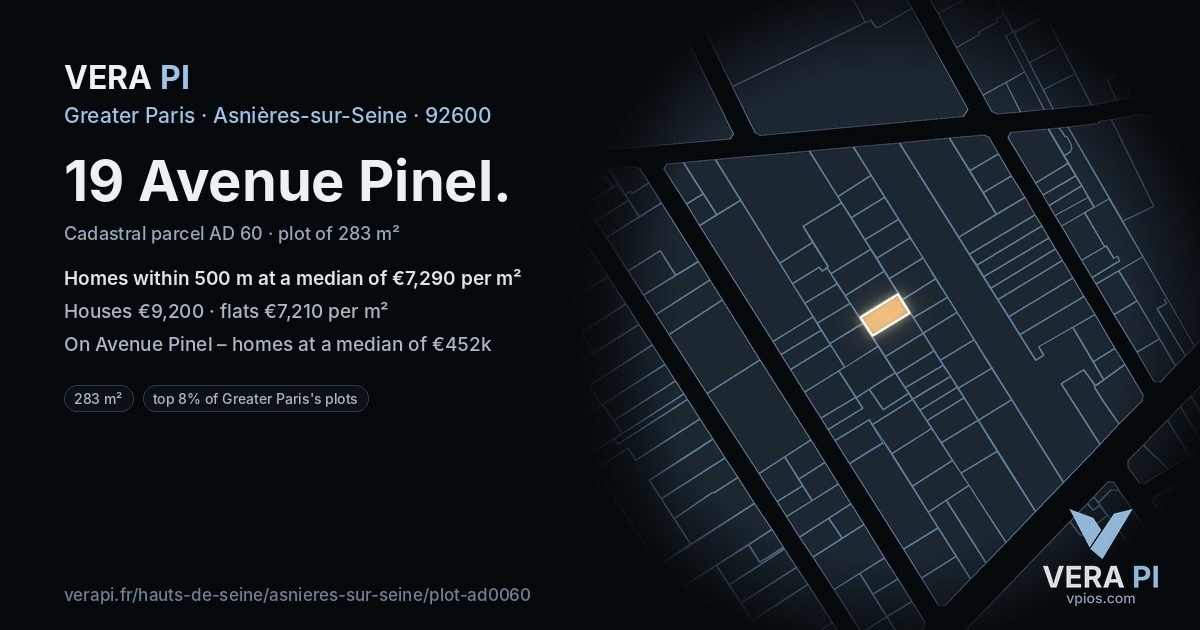 19 Avenue Pinel, Asnières-sur-Seine at night – the plot lit, the parcels around coloured by the prices near them