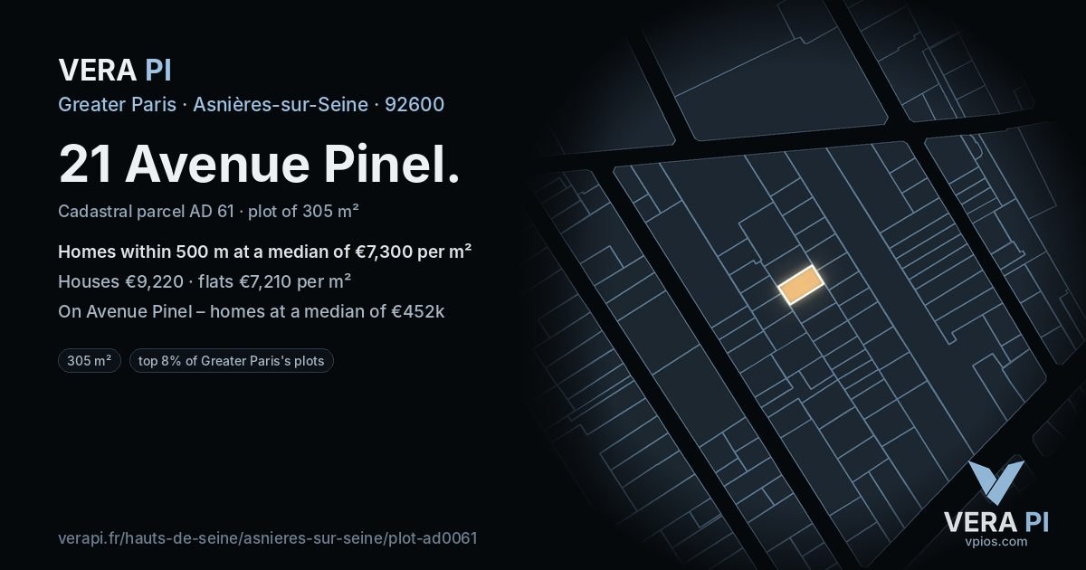 21 Avenue Pinel, Asnières-sur-Seine at night – the plot lit, the parcels around coloured by the prices near them