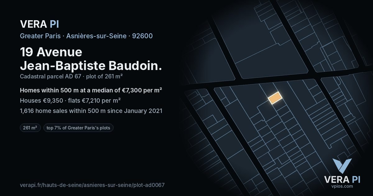 19 Avenue Jean-Baptiste Baudoin, Asnières-sur-Seine at night – the plot lit, the parcels around coloured by the prices near them