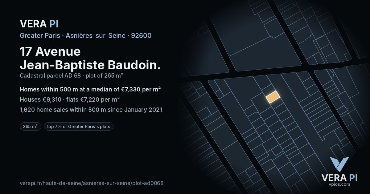 17 Avenue Jean-Baptiste Baudoin, Asnières-sur-Seine at night – the plot lit, the parcels around coloured by the prices near them