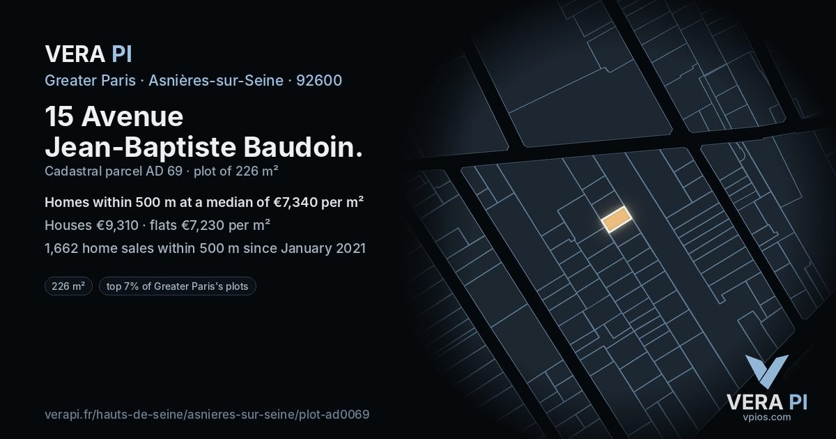 15 Avenue Jean-Baptiste Baudoin, Asnières-sur-Seine at night – the plot lit, the parcels around coloured by the prices near them