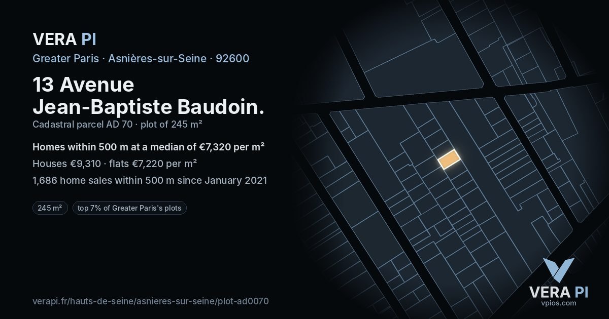 13 Avenue Jean-Baptiste Baudoin, Asnières-sur-Seine at night – the plot lit, the parcels around coloured by the prices near them