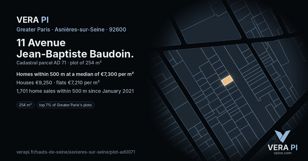 11 Avenue Jean-Baptiste Baudoin, Asnières-sur-Seine at night – the plot lit, the parcels around coloured by the prices near them
