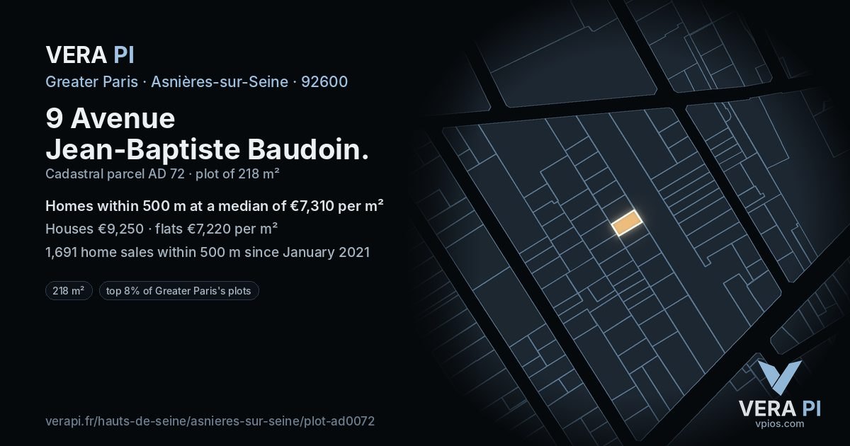 9 Avenue Jean-Baptiste Baudoin, Asnières-sur-Seine at night – the plot lit, the parcels around coloured by the prices near them