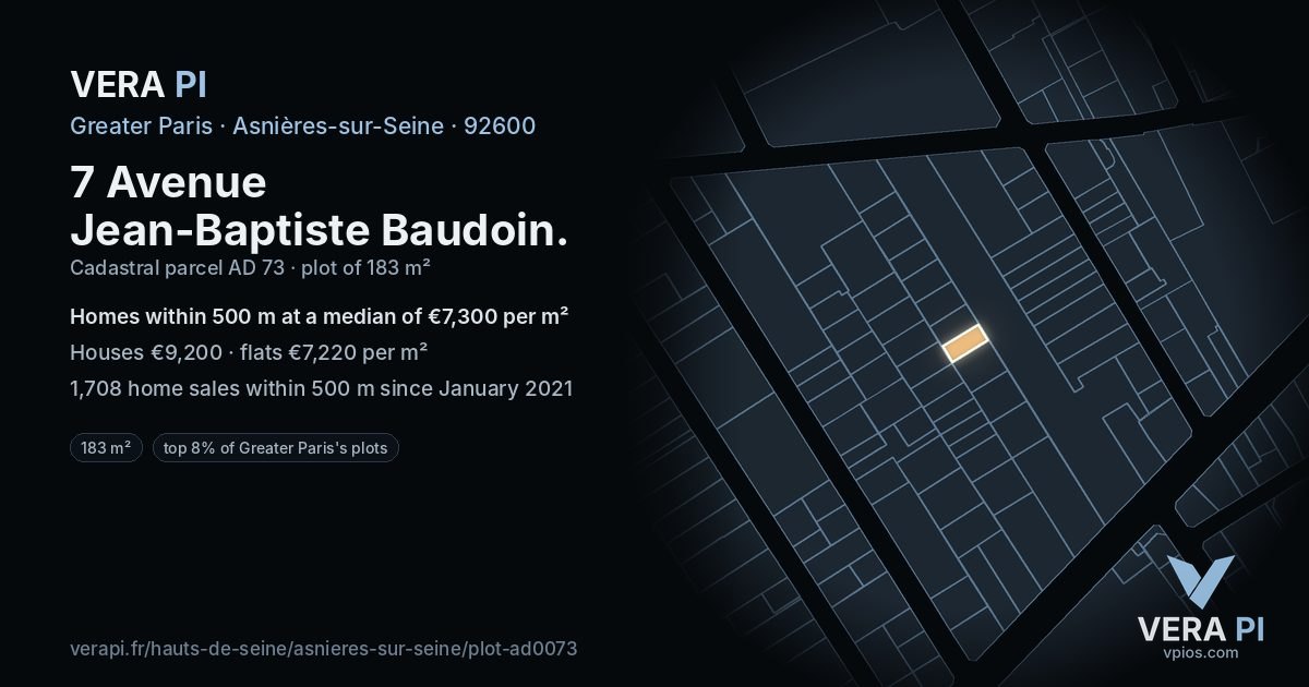 7 Avenue Jean-Baptiste Baudoin, Asnières-sur-Seine at night – the plot lit, the parcels around coloured by the prices near them