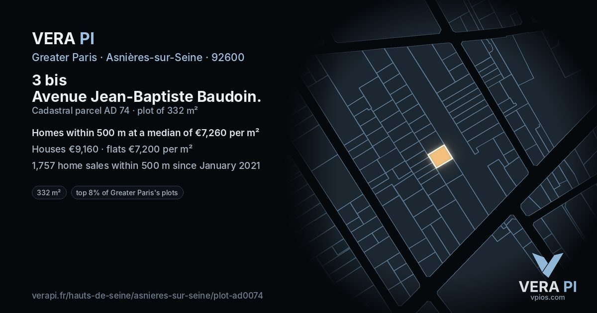 3 bis Avenue Jean-Baptiste Baudoin, Asnières-sur-Seine at night – the plot lit, the parcels around coloured by the prices near them
