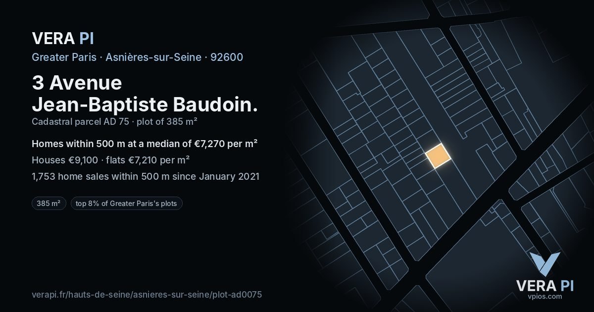 3 Avenue Jean-Baptiste Baudoin, Asnières-sur-Seine at night – the plot lit, the parcels around coloured by the prices near them
