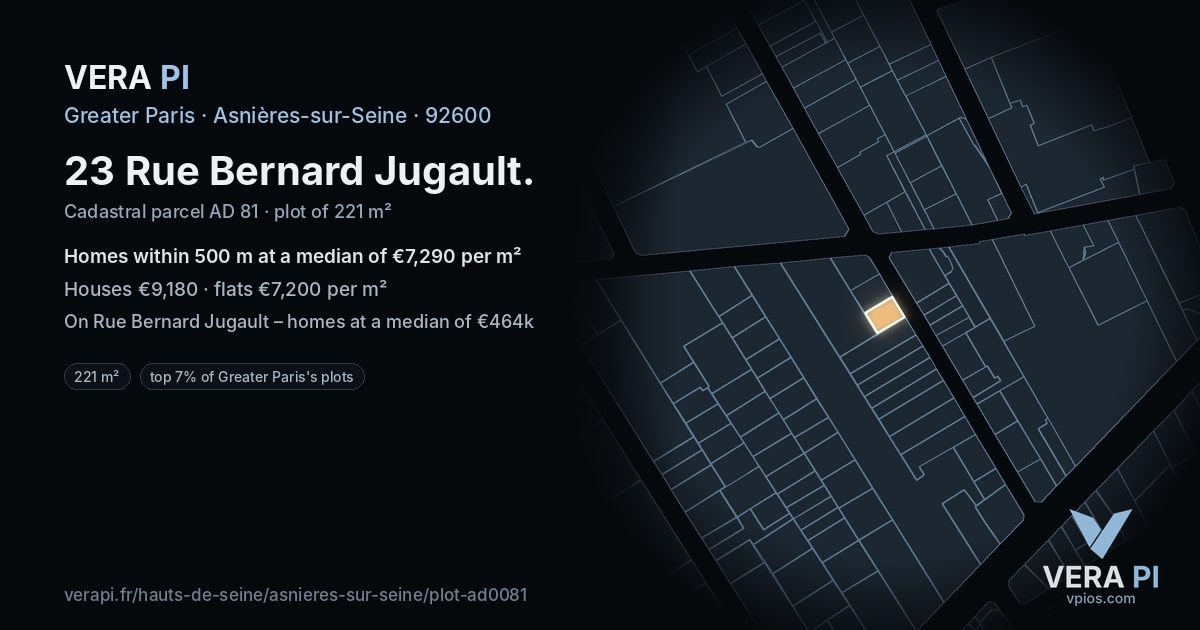 23 Rue Bernard Jugault, Asnières-sur-Seine at night – the plot lit, the parcels around coloured by the prices near them