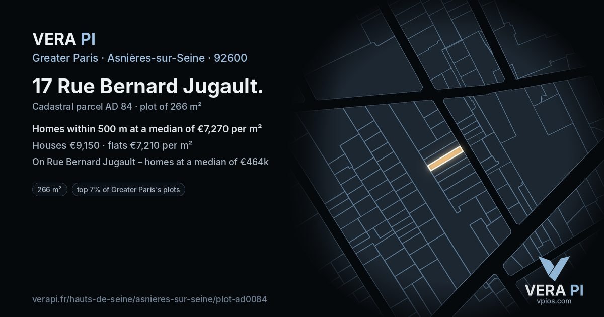 17 Rue Bernard Jugault, Asnières-sur-Seine at night – the plot lit, the parcels around coloured by the prices near them