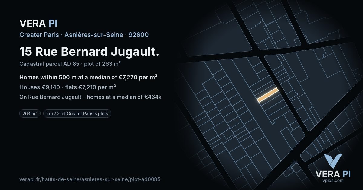 15 Rue Bernard Jugault, Asnières-sur-Seine at night – the plot lit, the parcels around coloured by the prices near them