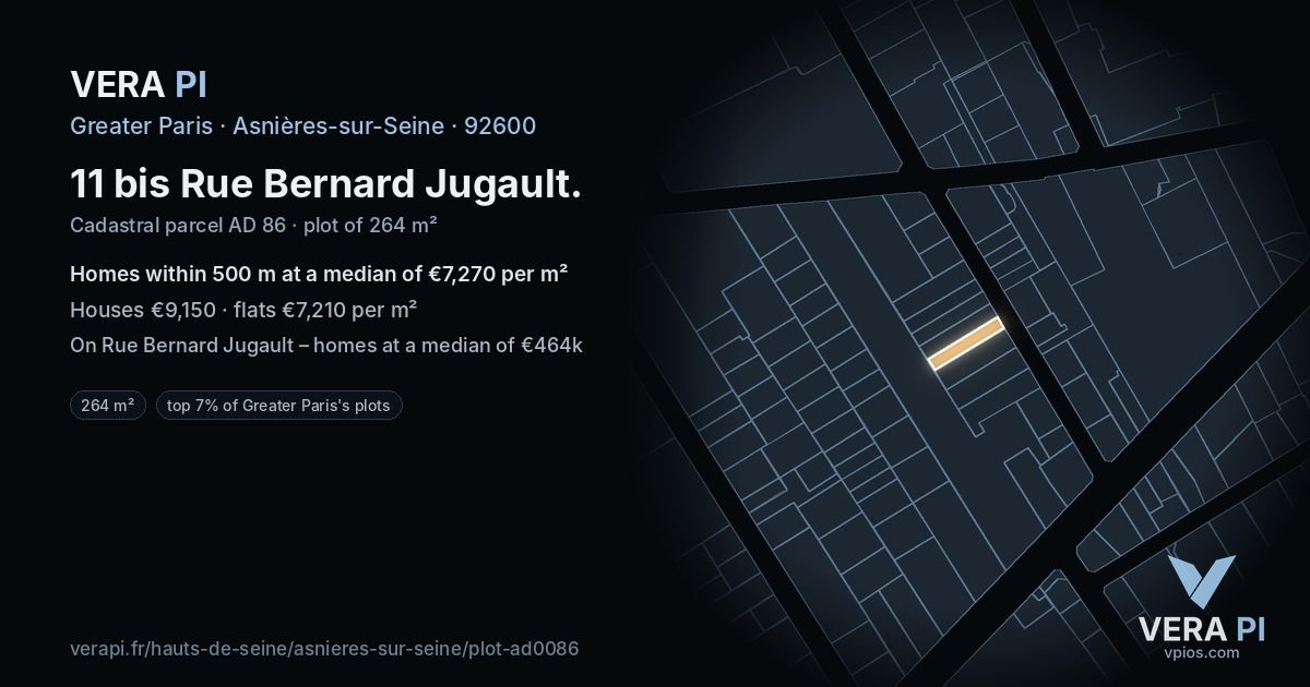 11 bis Rue Bernard Jugault, Asnières-sur-Seine at night – the plot lit, the parcels around coloured by the prices near them