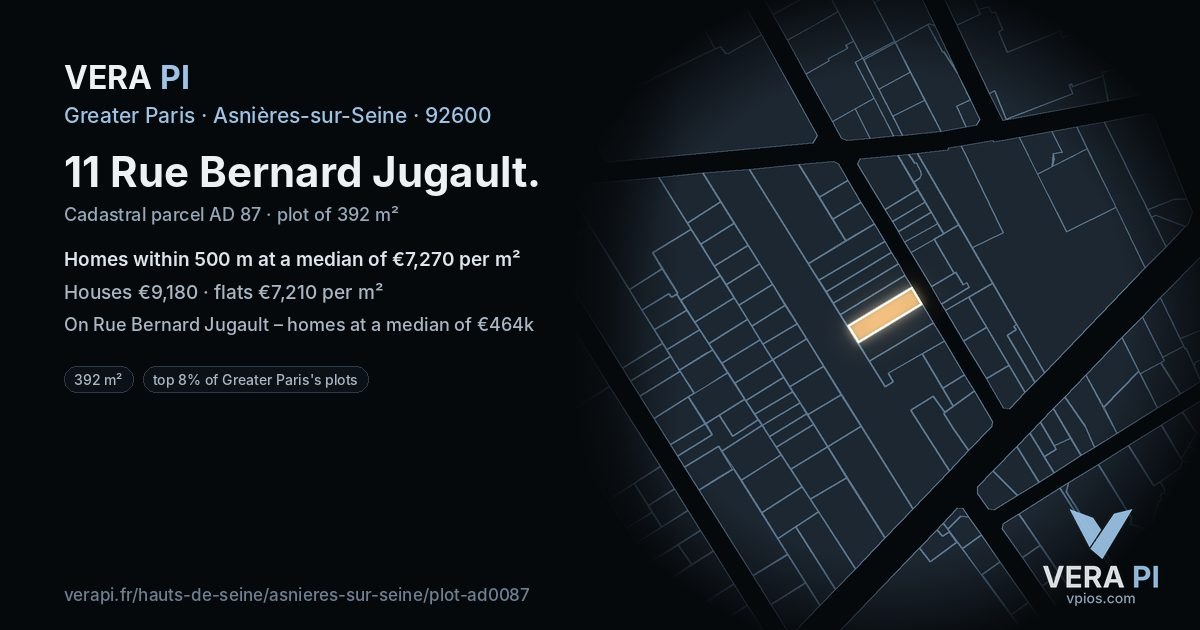 11 Rue Bernard Jugault, Asnières-sur-Seine at night – the plot lit, the parcels around coloured by the prices near them