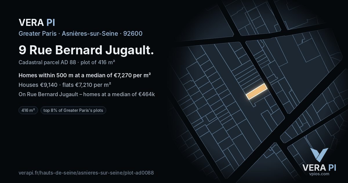 9 Rue Bernard Jugault, Asnières-sur-Seine at night – the plot lit, the parcels around coloured by the prices near them