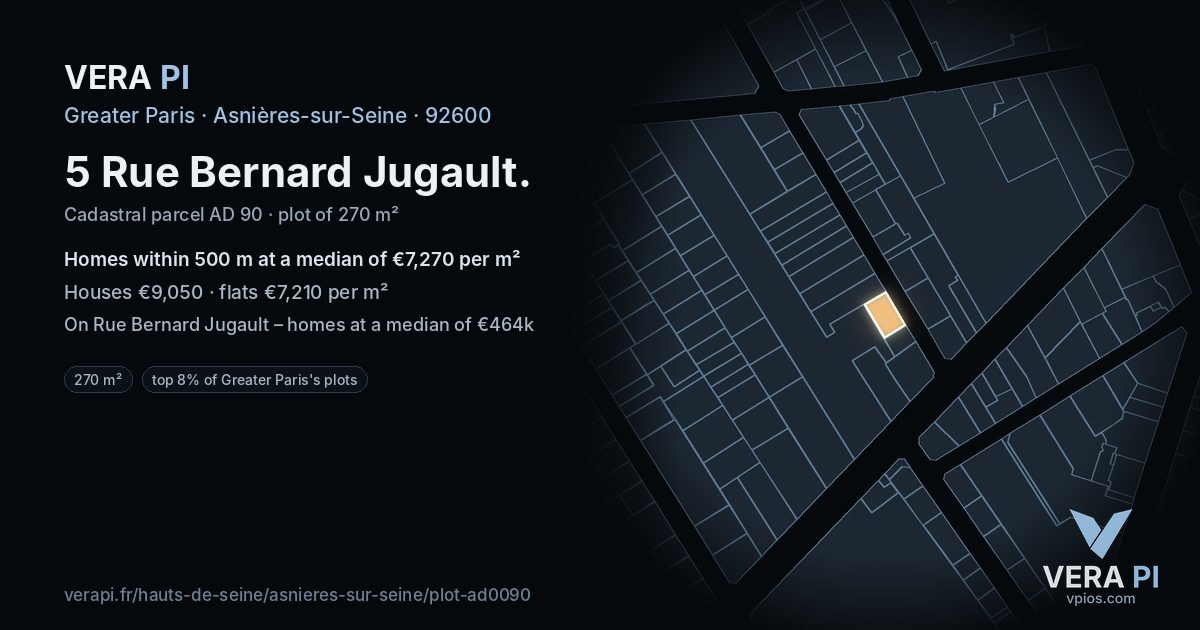 5 Rue Bernard Jugault, Asnières-sur-Seine at night – the plot lit, the parcels around coloured by the prices near them