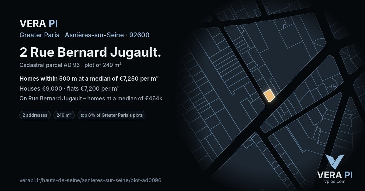 2 Rue Bernard Jugault, Asnières-sur-Seine at night – the plot lit, the parcels around coloured by the prices near them