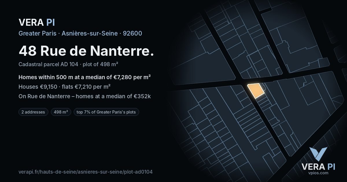 48 Rue de Nanterre, Asnières-sur-Seine at night – the plot lit, the parcels around coloured by the prices near them