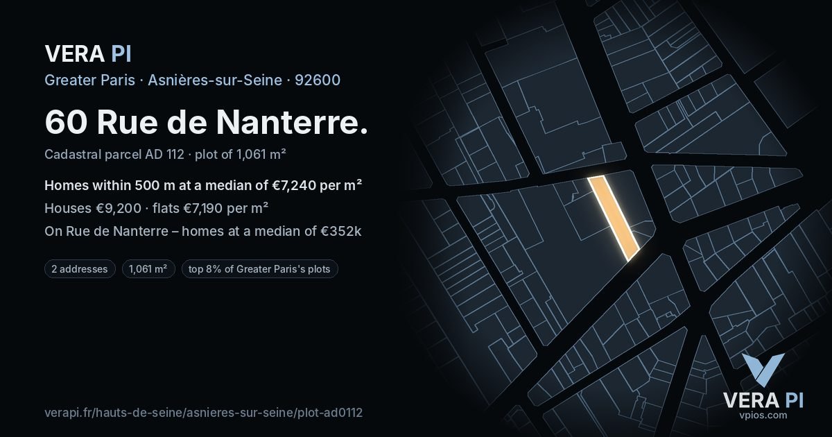 60 Rue de Nanterre, Asnières-sur-Seine at night – the plot lit, the parcels around coloured by the prices near them