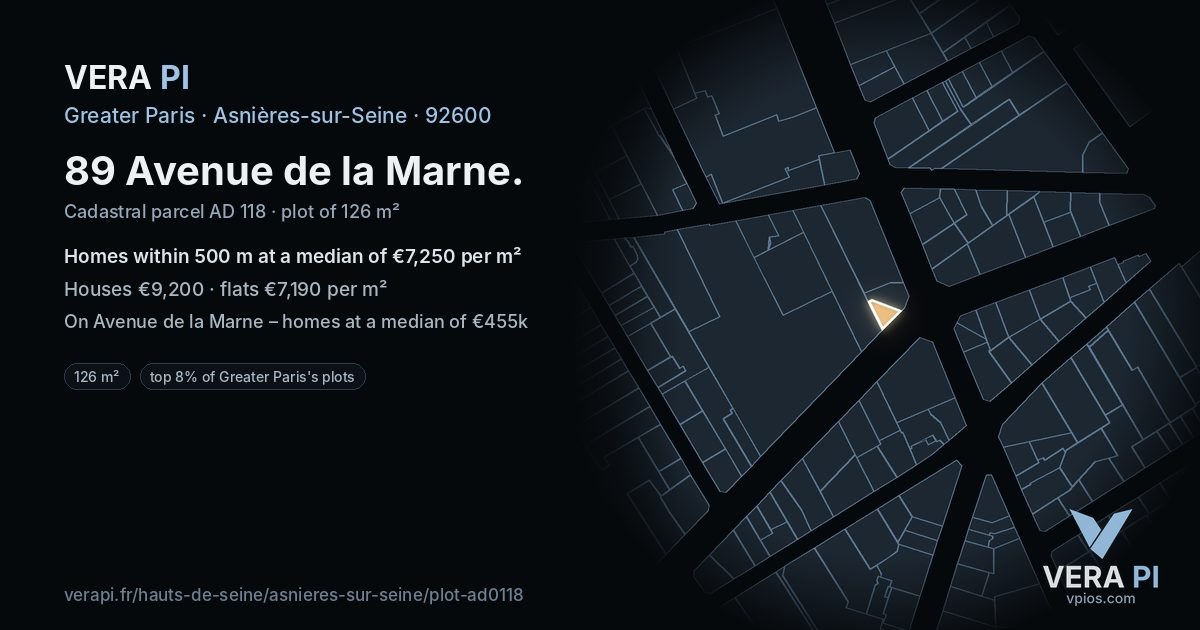 89 Avenue de la Marne, Asnières-sur-Seine at night – the plot lit, the parcels around coloured by the prices near them