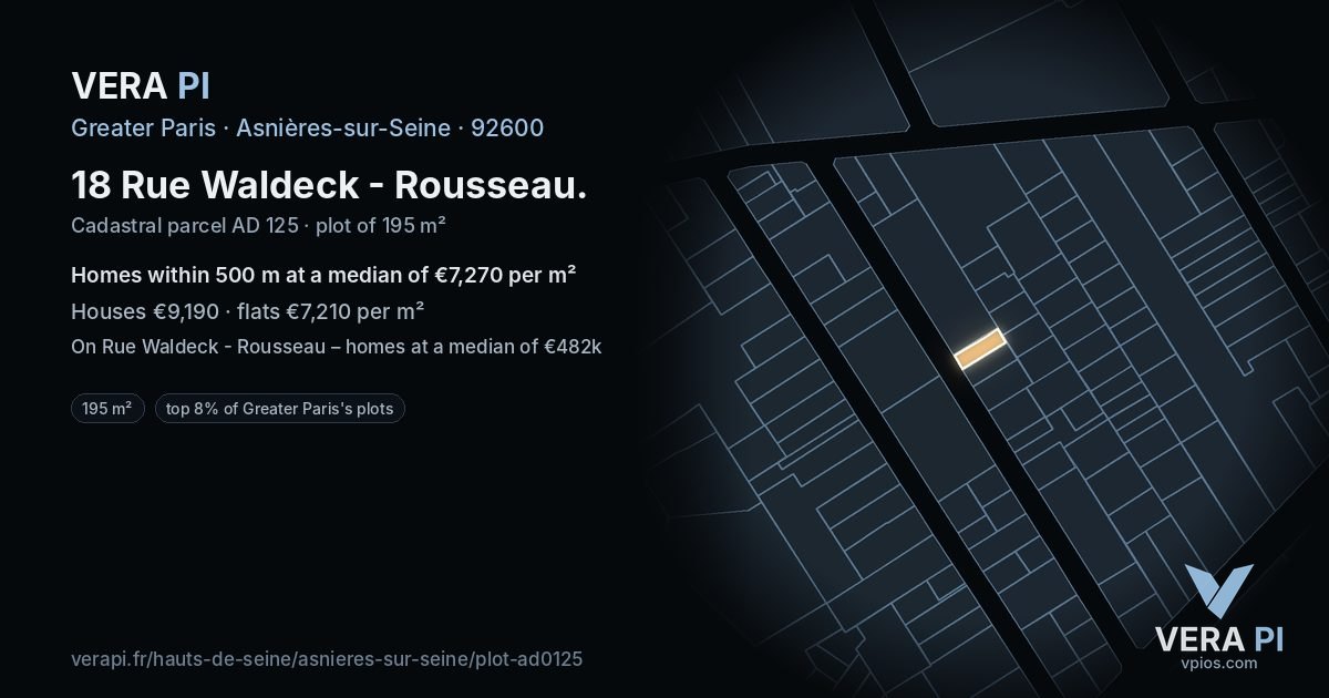 18 Rue Waldeck - Rousseau, Asnières-sur-Seine at night – the plot lit, the parcels around coloured by the prices near them