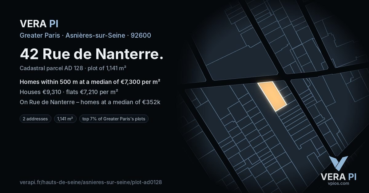 42 Rue de Nanterre, Asnières-sur-Seine at night – the plot lit, the parcels around coloured by the prices near them