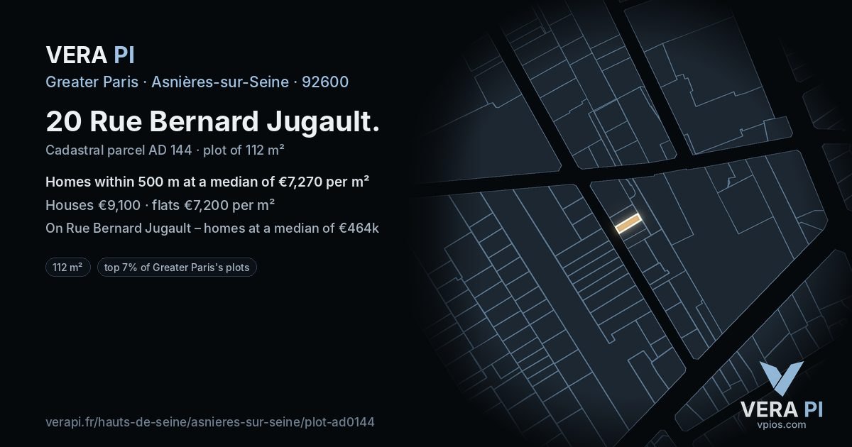20 Rue Bernard Jugault, Asnières-sur-Seine at night – the plot lit, the parcels around coloured by the prices near them